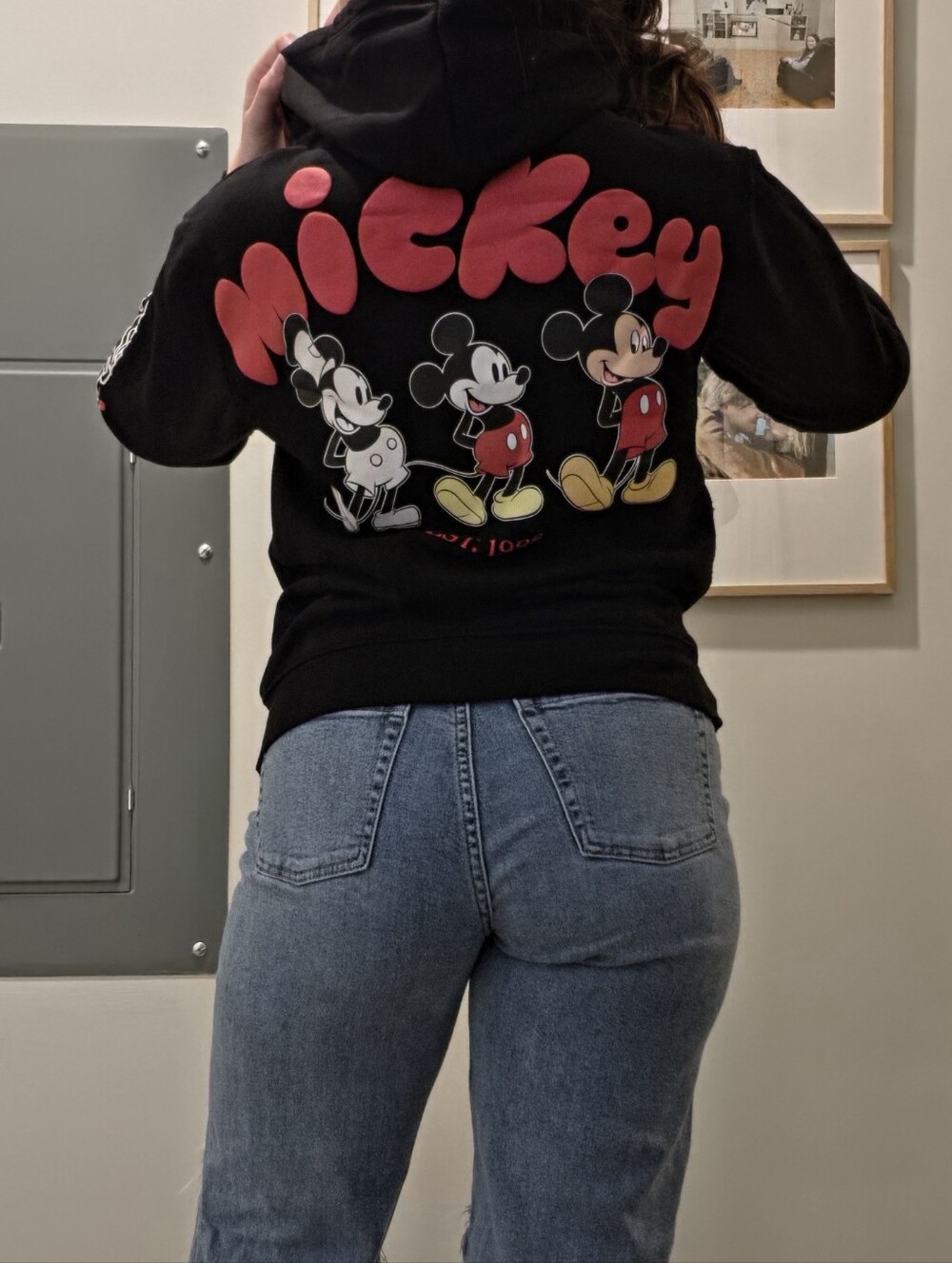 Disney True Original Mickey Mouse Zip Up Hoodie Black Graphic Sweatshirt Retro